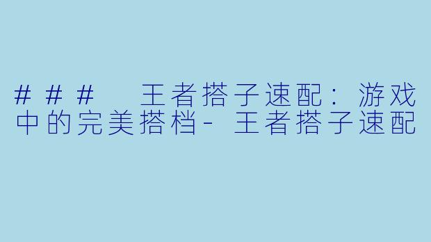 ### 王者搭子速配：游戏中的完美搭档-王者搭子速配