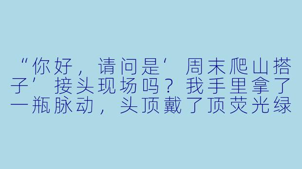 “你好，请问是‘周末爬山搭子’接头现场吗？我手里拿了一瓶脉动，头顶戴了顶荧光绿帽子。”